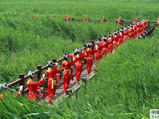 巨華小學(xué)腰鼓隊(duì)在勝芳濕地公園棧道排練